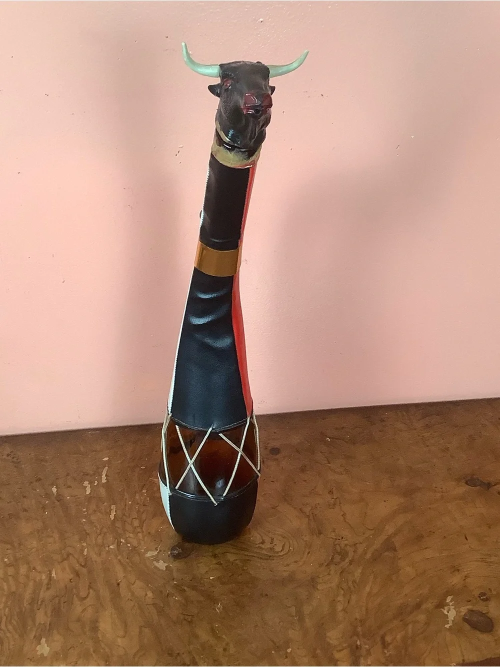 Red Black Leather-Wrapped Glass Decanter, Bull Head Stopper & Wood Handle 18”